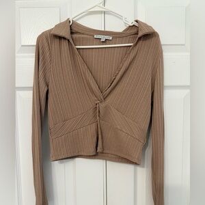 Haute Monde Tan Ribbed V-Neck Blouse